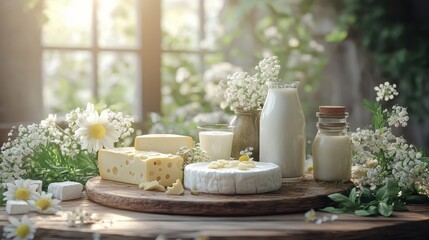 Rustic Dairy Products Display with Cheese, Milk, and Flowers on Wooden Table in Sunlit Kitchen