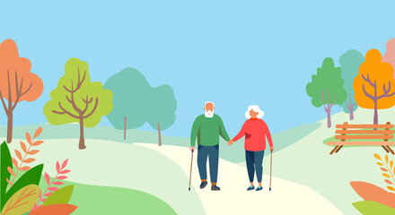 A colorful vector illustration of an elderly couple walking hand-in-hand in a park. The scene is depicted in a flat design style with vibrant colors and abstract trees, perfect for use in designs
