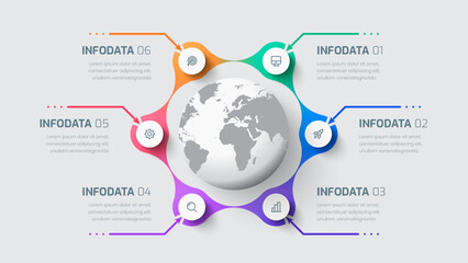 Business Infographic Element Template with Globe 6 Options and Icon for Presentation Diagram