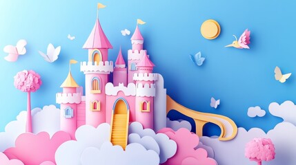 Whimsical Paper Cutting Art of Fantasy Castle on Cloud - Vibrant 3D Rendering