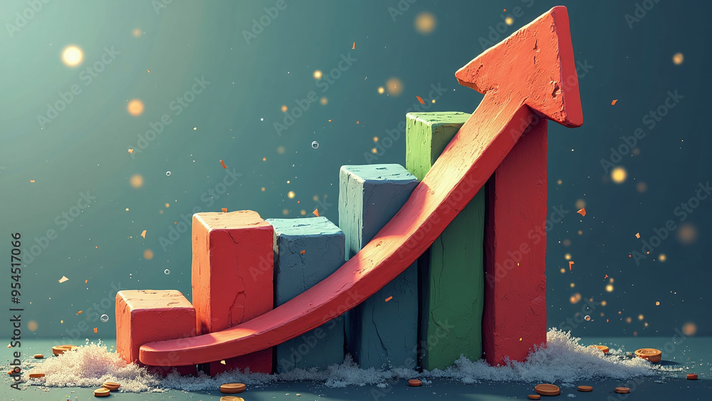 Poster colorful 3d bar graph with upward arrow and falling particles representing growth