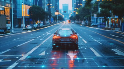 Autonomous car navigating a city street using IoT technology for traffic updates and route optimization, Internet of Things, smart transportation