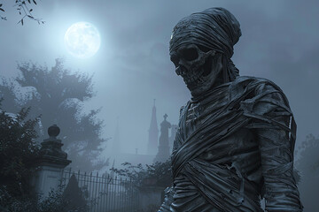 Scary sinister mummy wandering in street with dramatic lighting on celebration holiday Halloween