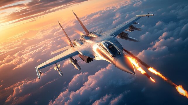A Su35 jet performs dramatic combat maneuver, releasing flares against stunning sunset backdrop. scene captures power and agility of modern aviation.
