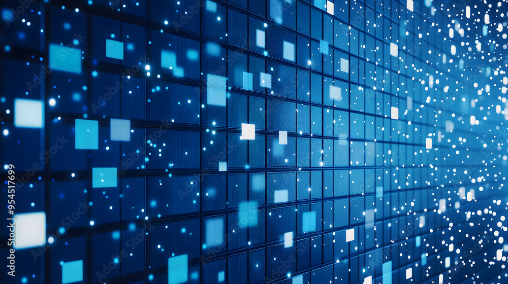 Poster a background with blue squares and white dots, arranged in a grid pattern on the screen generative a