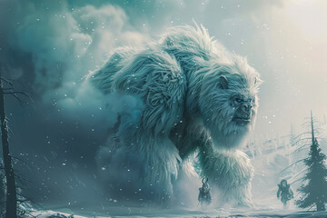 Huge fantasy yeti character in beautiful outdoor nature background