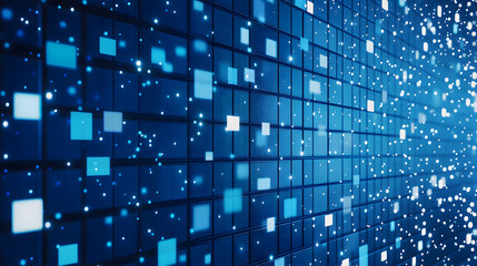 Obraz premium A background with blue squares and white dots, arranged in a grid pattern on the screen Generative AI
