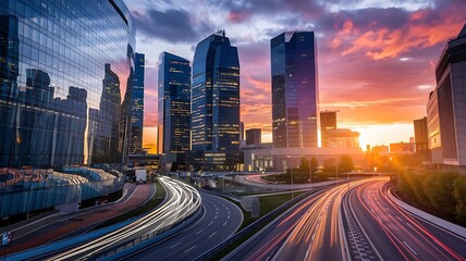 Obraz premium Stunning cityscape at dusk featuring illuminated skyscrapers and dynamic light trails from traffic, capturing the vibrant energy of urban life.