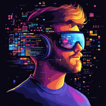 Man coding on computer at night with city view.