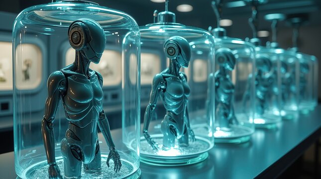 Futuristic alien lab with humanoid figures in glass containers