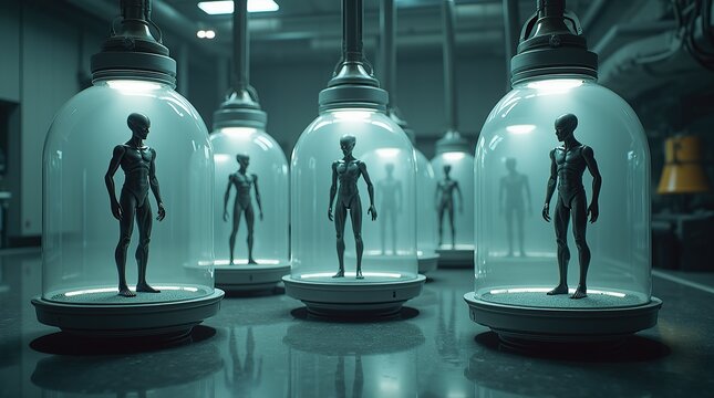 Futuristic alien lab with humanoid figures in glass containers