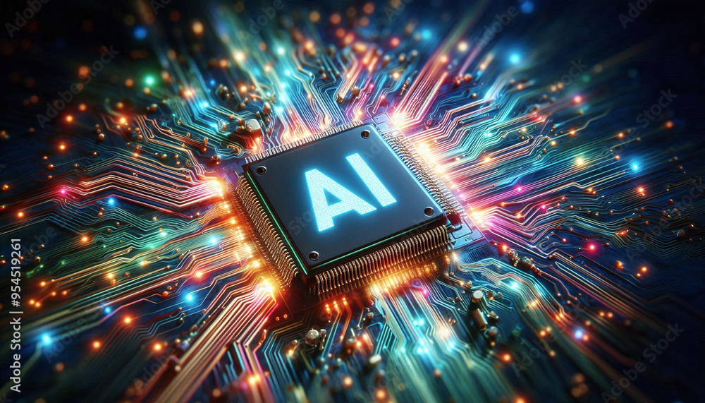 Poster AI word on microchip and colorful light spread with strong beam