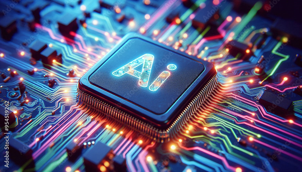 Aufkleber ai word on microchip and colorful light spread with strong beam