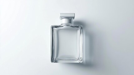 A clear glass perfume bottle with a minimalist design on a light background.
