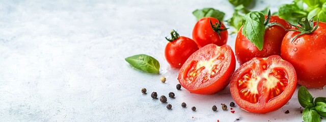  A collection of tomatoes on a pristine white backdrop, one sporting fresh basil leaves atop
