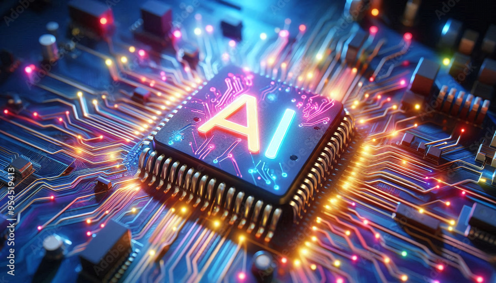 Poster ai word on microchip and colorful light spread with strong beam