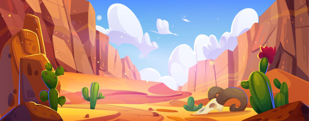 Arizona desert landscape with rock cliff mountains, green cactuses and grass, sand surface and path, blue sunny sky with white clouds. Cartoon vector summer wilderness western scene with canyon. © klyaksun