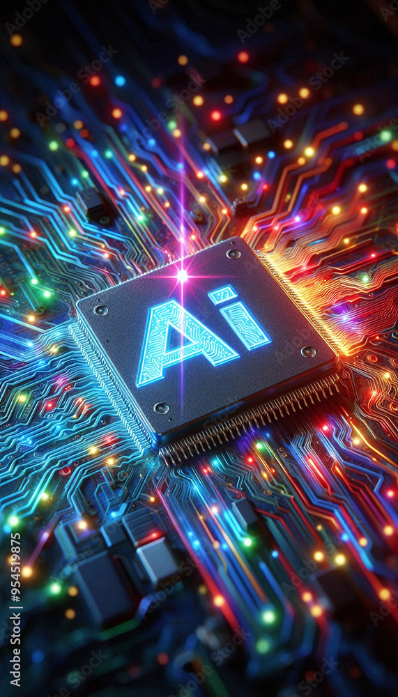 Poster AI word on microchip and colorful light spread with strong beam