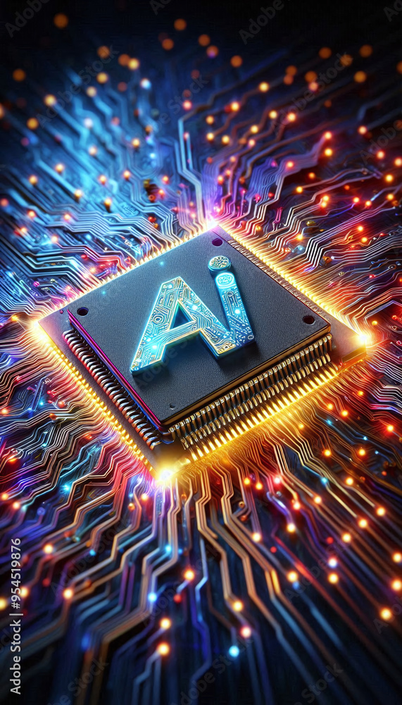 Poster AI word on microchip and colorful light spread with strong beam