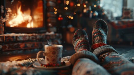 Warm woolen socks by a christmas fireplace  a cozy winter scene with a relaxing woman