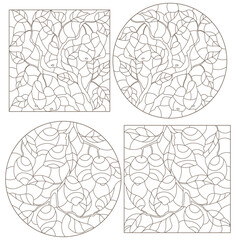 A set contour illustrations of stained glass, the branch of a lemon tree and a pear tree with ripe fruits, dark contour on a white background