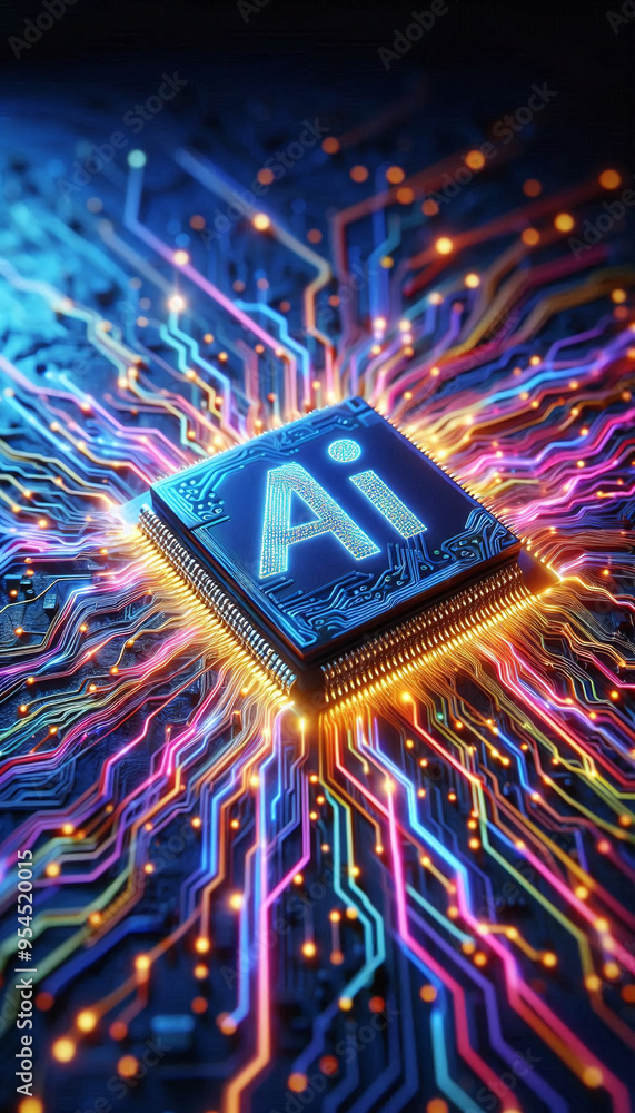 Aufkleber AI word on microchip and colorful light spread with strong beam