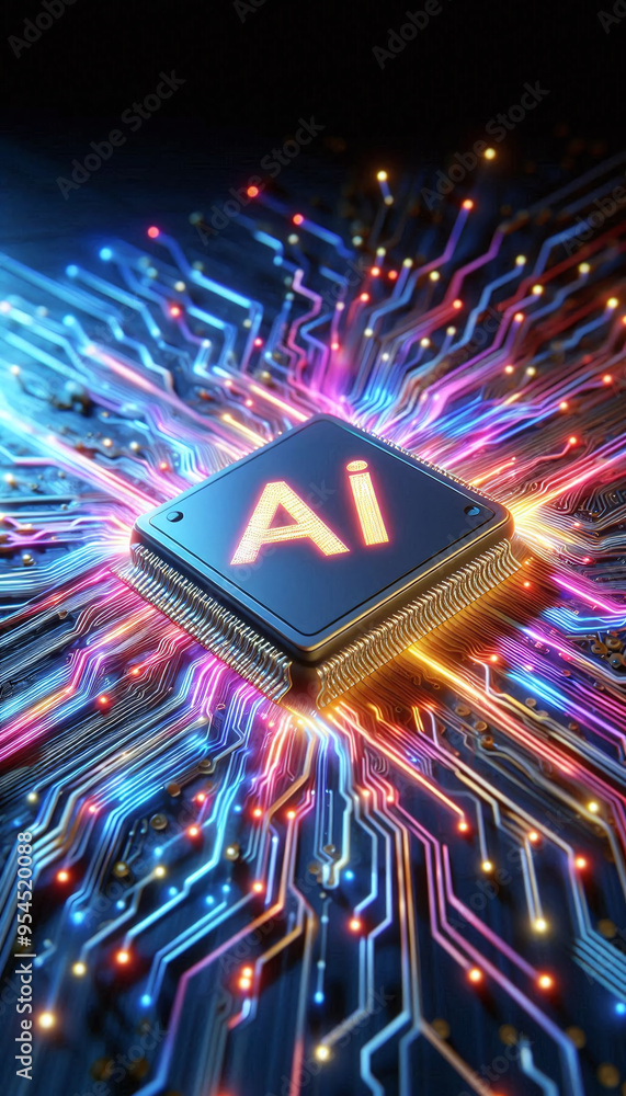 Poster AI word on microchip and colorful light spread with strong beam