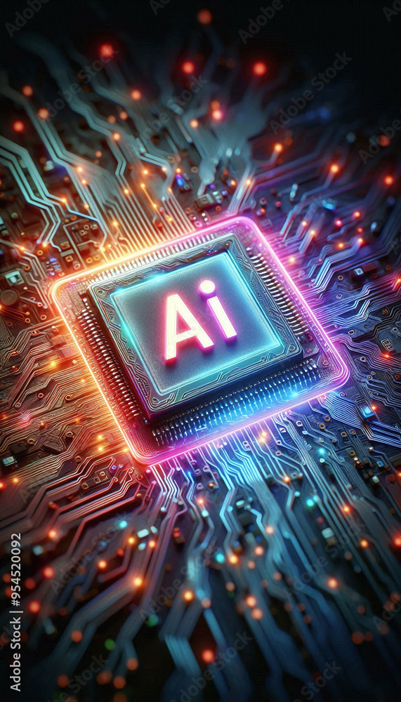 Poster AI word on microchip and colorful light spread with strong beam
