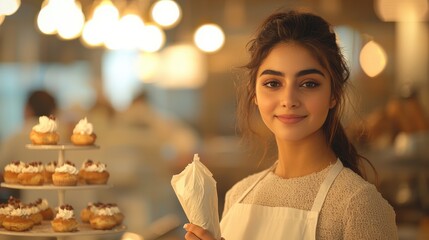 a young female pastry chef in a bakery kitchen, perfect for marketing and promotional purposes.
