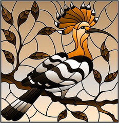 An illustration in stained glass style with hoopoe bird sitting on a tree branch against the sky