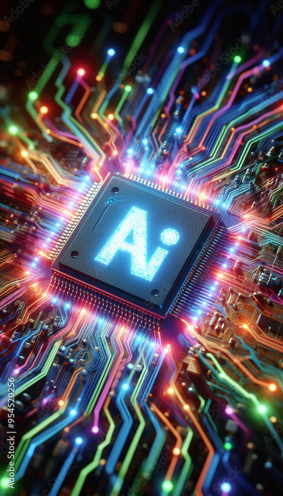 Poster ai word on microchip and colorful light spread with strong beam