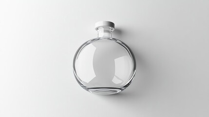 A clear, round glass bottle with a stopper, ideal for storing liquids or decorative purposes.