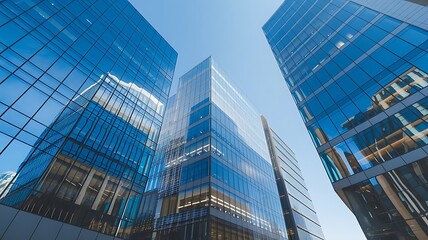 Fototapeta premium Modern skyscrapers soaring into clear blue sky, showcasing sleek urban architecture and design.