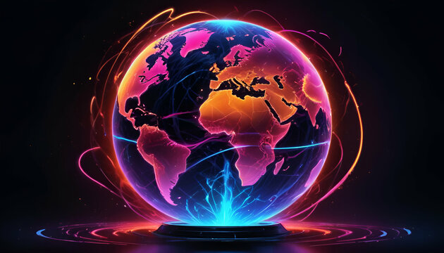 A holographic globe projection showing the world map, with orange and blue lighting effects, displayed on a futuristic interface - Powered by Adobe