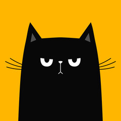 Cute cat. Cute sad angry face head. Funny kitten. Black silhouette icon. Kawaii pet animal. Happy Halloween. Cartoon funny baby character. Childish style. Flat design. Yellow background. Vector