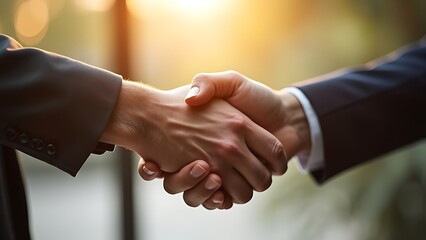 Professional handshake sealing a business deal with blurred office background, symbolizing partnership, agreement, and collaboration in a corporate setting.