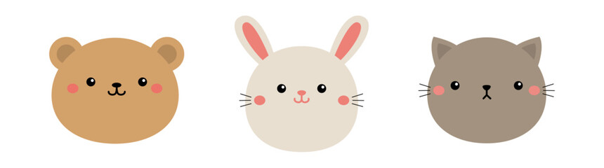 Cat kitten kitty, bear, rabbit bunny hare. Round face icon set line. Cute cartoon character. Kawaii animal. Funny baby. Love card. Childish style. Flat design. White background. Isolated. Vector
