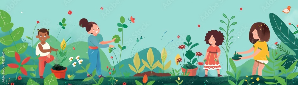 Wall mural School garden, kids learning to plant, flat design illustration