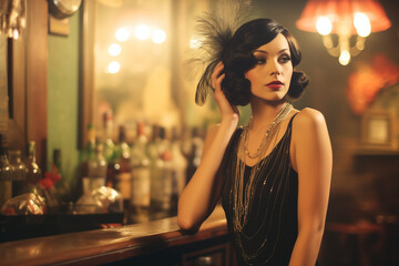 woman at bar in 1920s flapper style dress