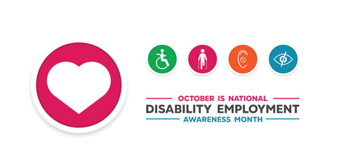National Disability Employment Awareness Month. Heart, peoples, ear and eye. Great for cards, banners, posters, social media and more. White background. 