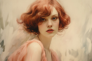 vintage portrait painting of 1920s redhead woman with short curly hair
