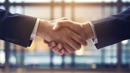 Professional handshake sealing a business deal with blurred office background, symbolizing partnership, agreement, and collaboration in a corporate setting.