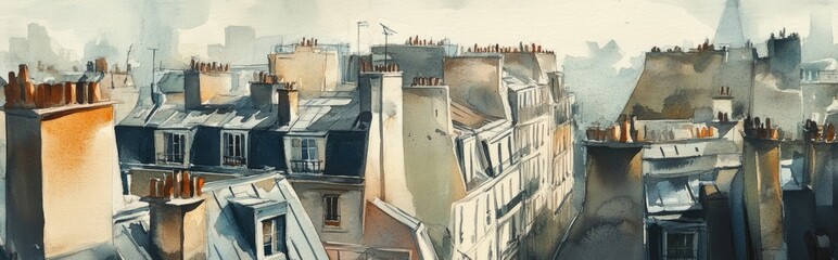 Watercolor illustration of rooftops and cityscapes