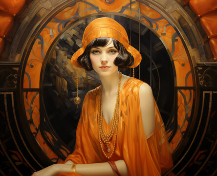 art deco 1920s flapper woman in orange dress 