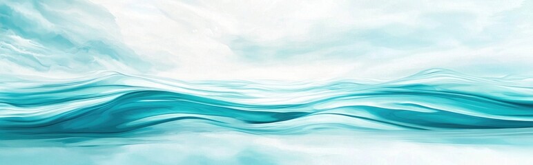 Obraz premium Watercolor illustration of a wavy blurry sky over a smooth water surface Vibrant turquoise gradient creating a bright cloudy ocean effect Curved fluid summer colors blend into a soft blue and whit