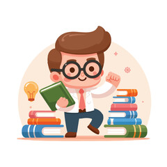 cheerful librarian with glasses and a stack of books