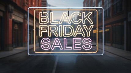 Obraz premium Neon Black Friday sales sign in an urban street setting. Perfect for holiday promotions and discount announcements.
