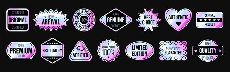 Obraz premium Vector set of stylish holographic labels. Rainbow stickers, tags of various shapes for e-commerce, packaging design, and advertisement. Perfect for highlighting authenticity, quality, and exclusivity.