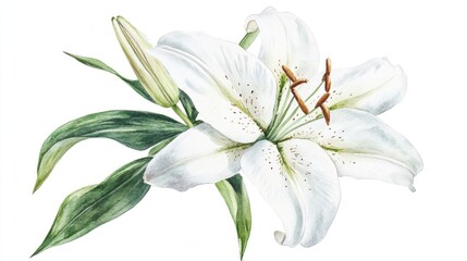 Watercolor illustration of a white lily flower on a white background suitable for use in cards wedding invitations and packaging design