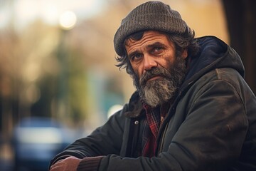 Obraz premium A man with a beard and a hat is sitting on a bench